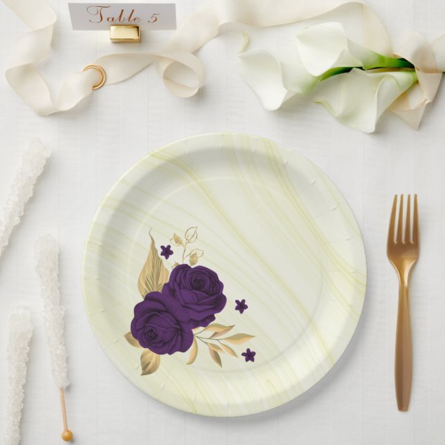 Prato De Papel flores roxas reais ouro folhas mármore (Casamento)
