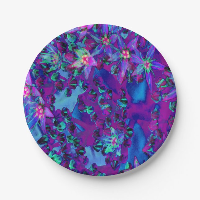 Prato De Papel Flores-Sedum Sucultas em Teal, Magenta e Azul (Frente)