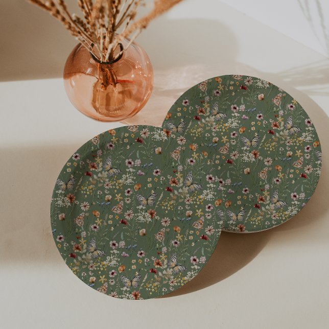 Prato De Papel Flores Selvagens Boho Verde Salvia (Sage Green Boho Wildflowers Paper Plates with Butterflies by Painted Paperie
)