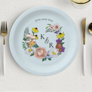 Prato De Papel Flores Selvagens Cogumelos Azuis Florais