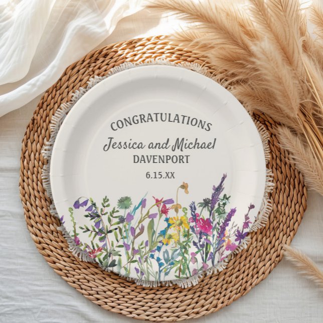 Prato De Papel Flores Silvestres Aquarela Creme Casamento  (Custom watercolor wildflowers wedding/engagement paper plates)