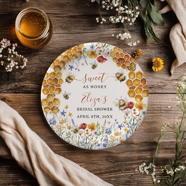 Prato De Papel Flores Silvestres de Mel Como Abelha Chique Chá de (Sweet As Honey Bee Wildflowers Chic Bridal Shower Paper Plates)