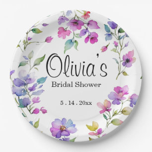 Prato De Papel Flores silvestres em tons de rosa e roxo em aquare