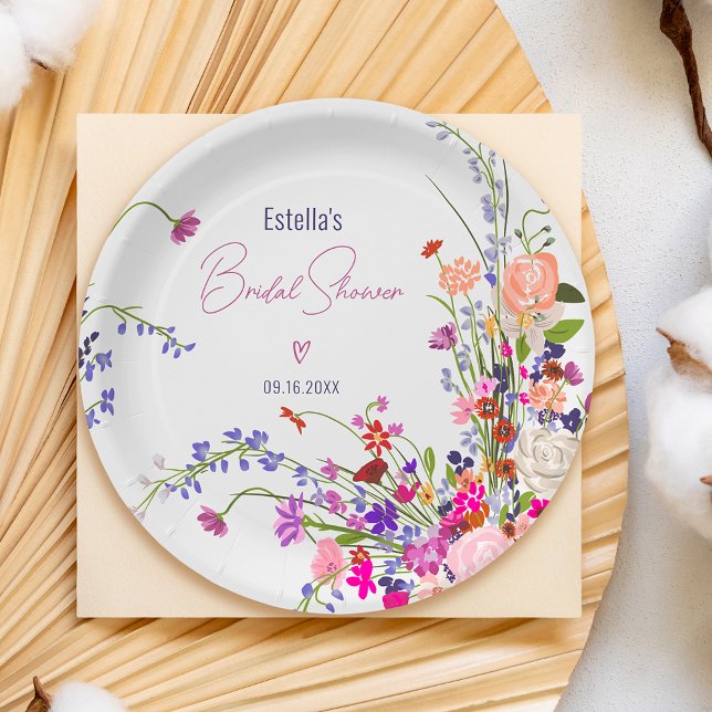 Prato De Papel Flores silvestres modernas e elegantes para chá de (Modern chic wild flowers script bridal shower paper plates)