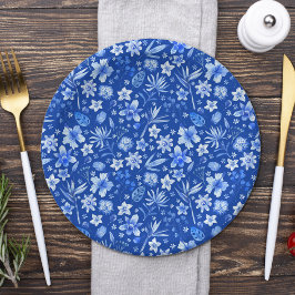 Prato De Papel Flores Tropicais de Cobalto Azul e Folhas Padrão 7