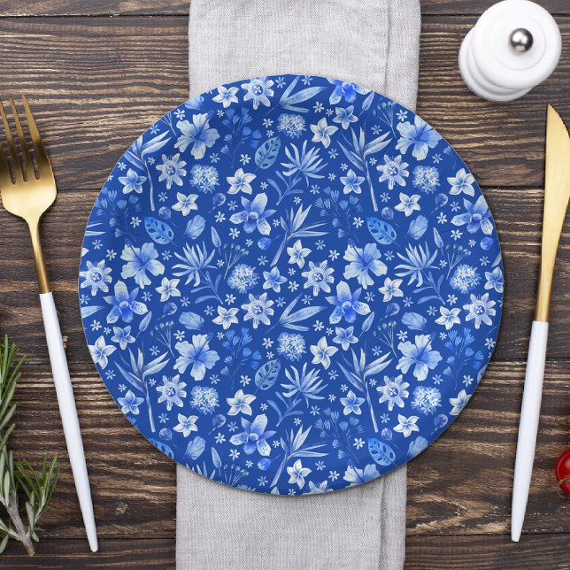 Prato De Papel Flores Tropicais de Cobalto Azul e Folhas Padrão 7 (Criador carregado)