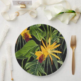 Prato De Papel Flores tropicais e folhas de palma na impressão de