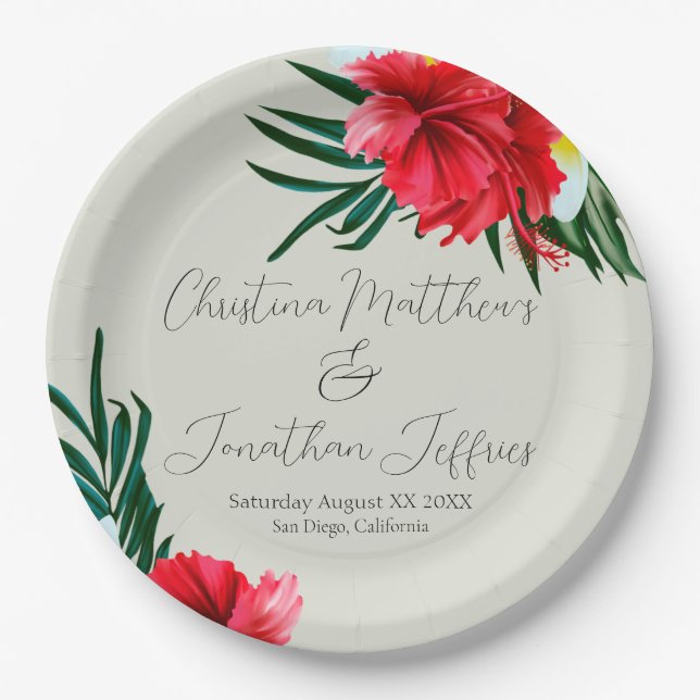 Prato De Papel Flores tropicais havaianas no Elegante Sage Green (Frente)