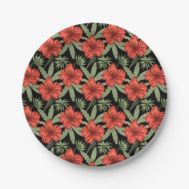 Prato De Papel Flores tropicais vermelhas Folhas verdes (Frente)