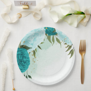 Prato De Papel flores turquesas folhas verdes casamento