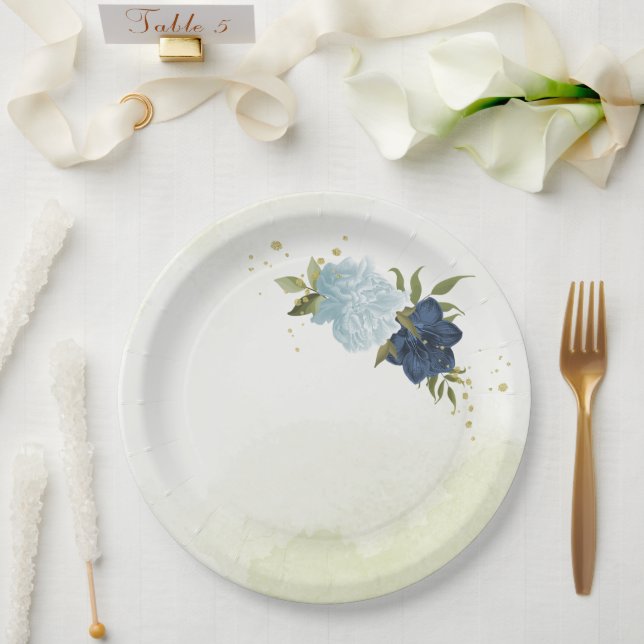 Prato De Papel flores verde e azul naval empoeirado (Casamento)