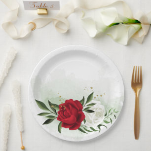 Prato De Papel Flores vermelhas e brancas verdes