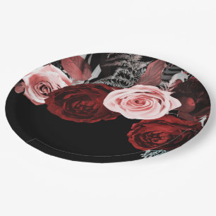 Prato De Papel Flores Vermelhas Escuras e Rosadas Folhagens Flora