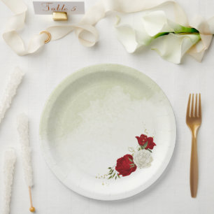 Prato De Papel flores vermelhas folhas verdes casamento
