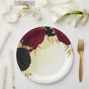 Prato De Papel flores vermelhas pretas ouro folhas casamento