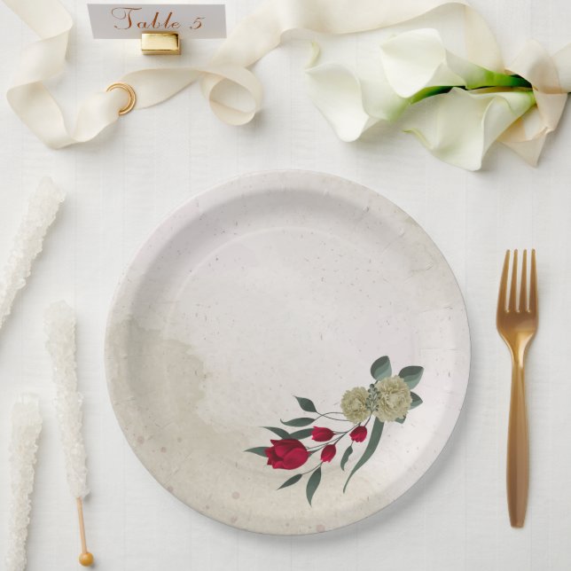 Prato De Papel flores vermelhas românticas e amarelas pálidas (Casamento)