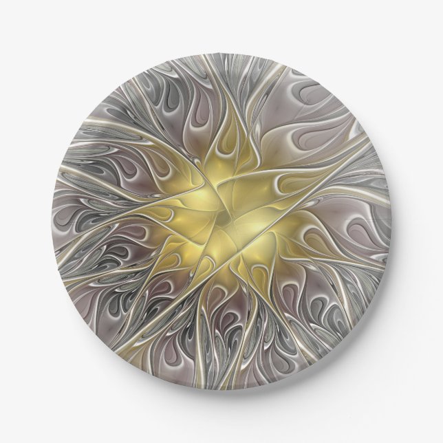 Prato De Papel Florescer Com Flor Fractal Abstrata Moderna Dourad (Frente)