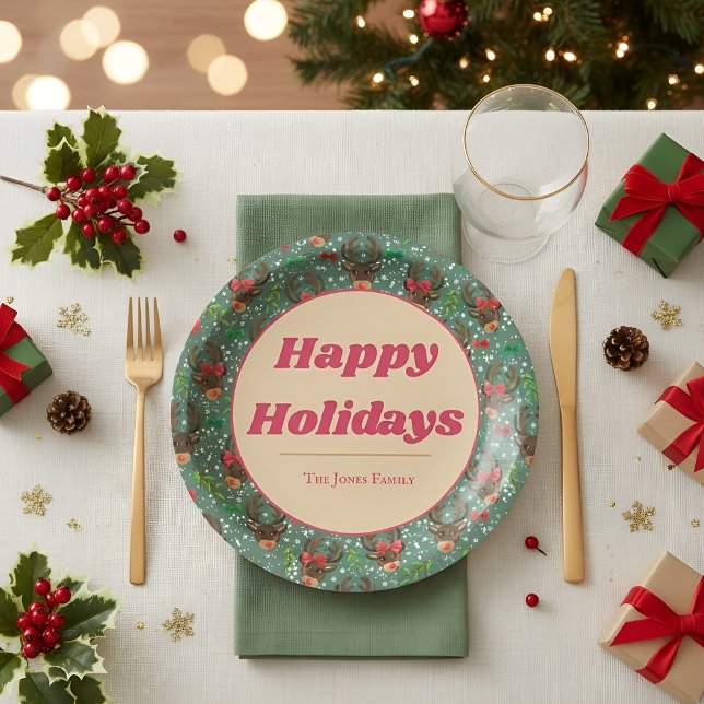 Prato De Papel Floresta de Reindeer de Natal verde   (Criador carregado)