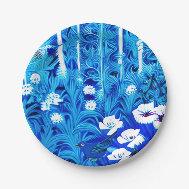 Prato De Papel Floresta Fantástica com Flores e Pássaros (Frente)