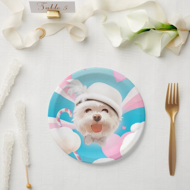 Prato De Papel Fluffy Dog com White Hat (Casamento)