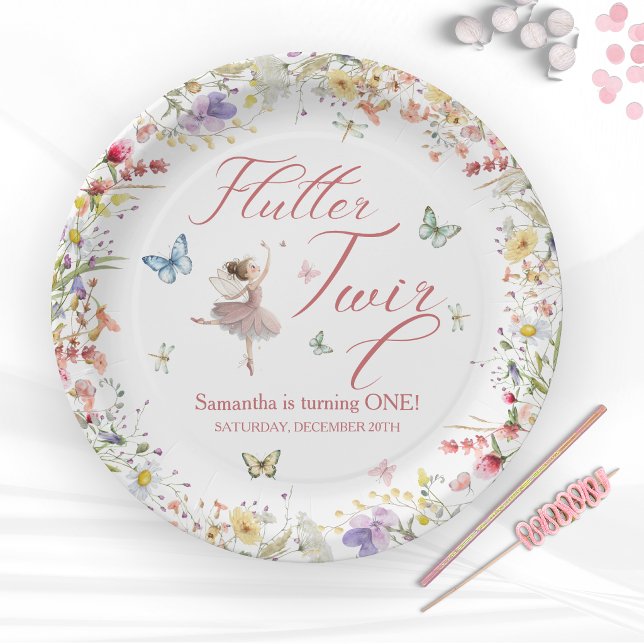 Prato De Papel Flutter e Twirl Asas Mágicas Primeiro Aniversário (Flutter and Twirl Magical Wings First Birthday Paper Plates)