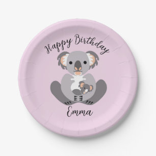 Prato De Papel Fofinho bonito - KOALA - Feliz Aniversário - Rosa