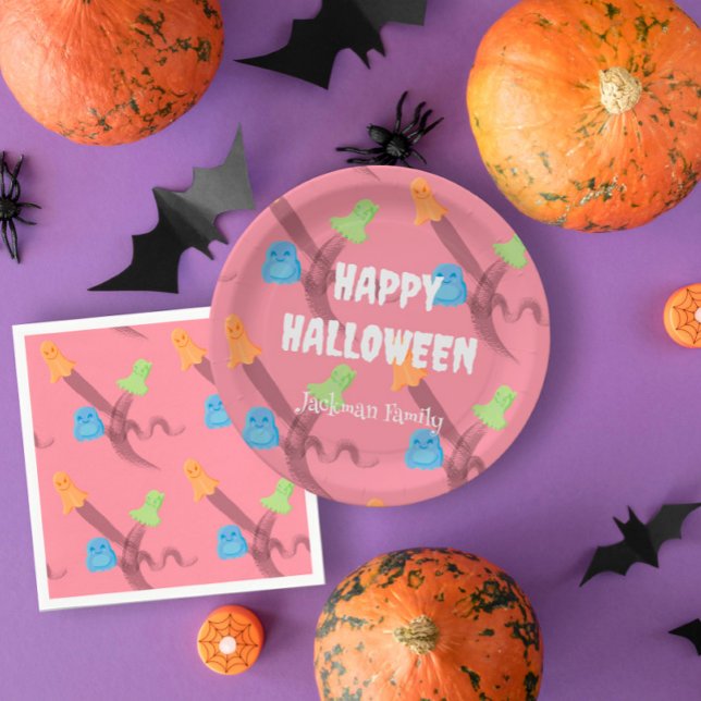 Prato De Papel Fofo cor-de-rosa bonito personalizável (Cute pink Halloween customizable Paper Plates
)