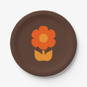 Prato De Papel Fofo Flor Retro Anos 70 Laranja e Marrom