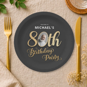 Prato De Papel Foil Dourado Preto Foto Personalizada Aniversário 