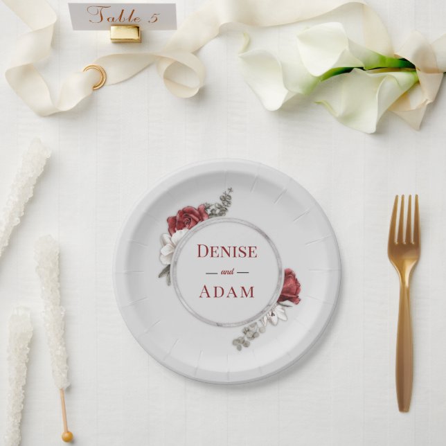 Prato De Papel Folha de Borgonha e Rosas Brancas Folha de Prata (Casamento)