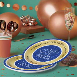 Prato De Papel Folha de Ouro Azul Marble Monograma de Graduação E