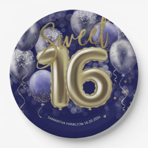 Prato De Papel Folha de Ouro Sweet 16 Bday Balloons Party Royal B