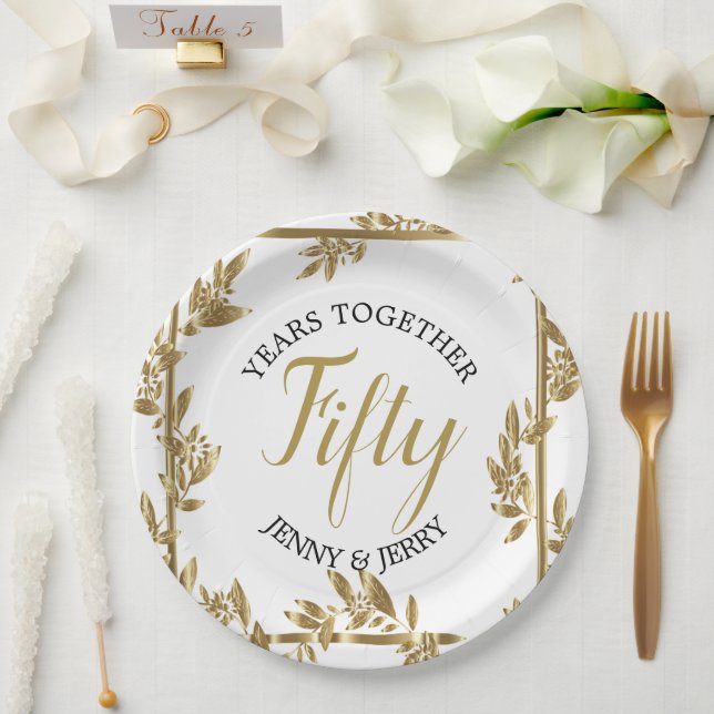 Prato De Papel Folha de papel clássico do aniversário Dourado e p (Casamento)