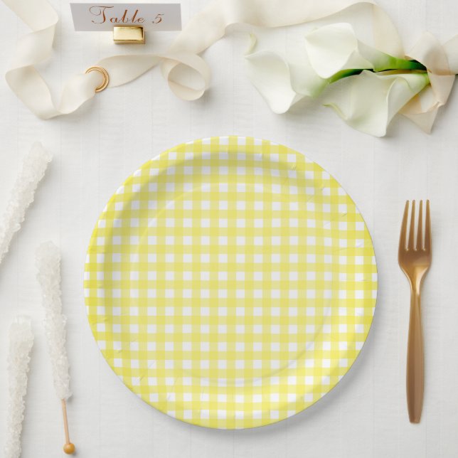 Prato De Papel Folha de Papel Gingham Amarelo Faye (Casamento)