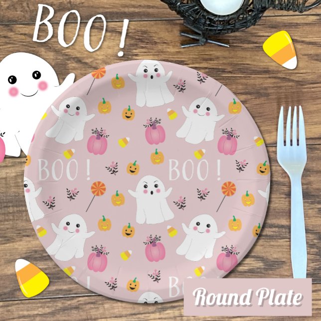 Prato De Papel Folha de papel rosa para fantasmas e fantasmas bon (This cute Halloween ghosts round paper plate is available in two sizes : 7 " or 9" . )