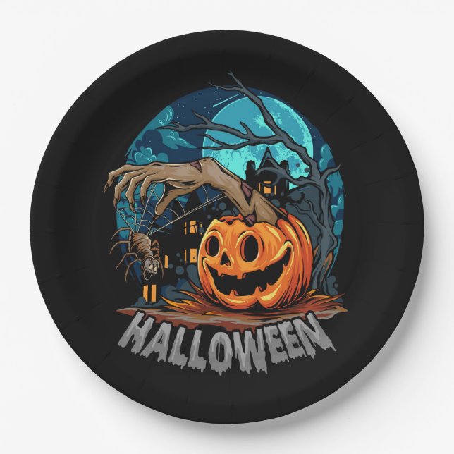 Prato De Papel Folha de Tema do Halloween (Frente)