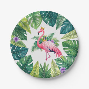 Prato De Papel Folha Exuberante   Coroa de Flamingo Rosa Elegante