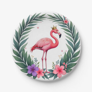 Prato De Papel Folha Exuberante   Coroa de Flamingo Rosa Elegante