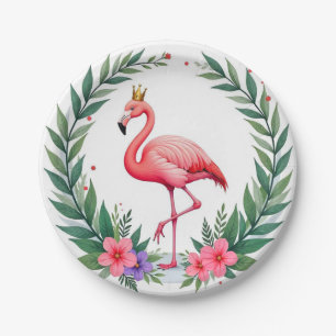 Prato De Papel Folha Exuberante   Coroa de Flamingo Rosa Elegante