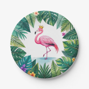Prato De Papel Folha Exuberante   Coroa de Flamingo Rosa Elegante