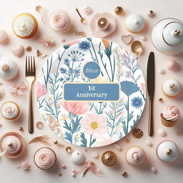 Prato De Papel Folhagem de flores silvestres Pastel Blue Pink Mea (Wildflower Blooms Pastel Blue Paper Plates)