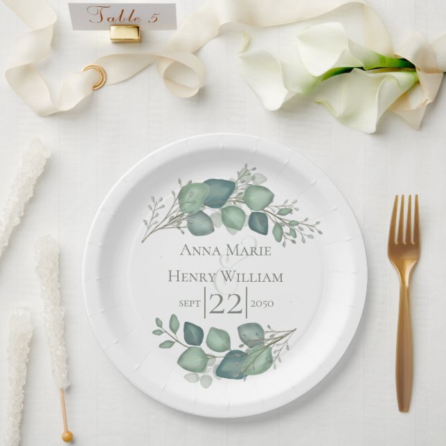 Prato De Papel Folhagem Elegante Eucalyptus Greenery (Casamento)
