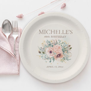Prato De Papel Folhagem Floral Rosa Brilhante Aniversário de 40 a