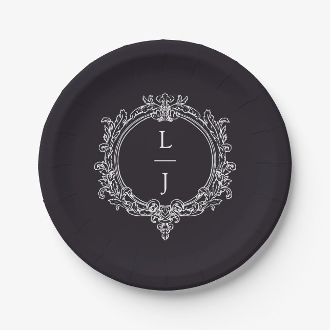 Prato De Papel folhagem preta e branca Brasão de casamento (Frente)