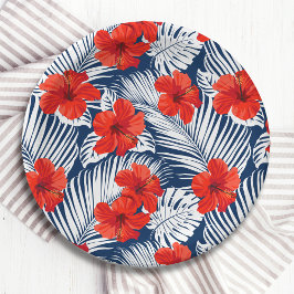 Prato De Papel Folhagem Tropical Com Hibisco Floral Vermelho
