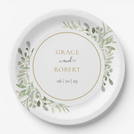 Prato De Papel Folhagem Verde Botânica Elegante Boda Dourada