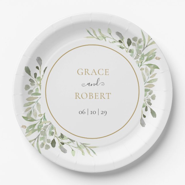 Prato De Papel Folhagem Verde Botânica Elegante Boda Dourada (Frente)