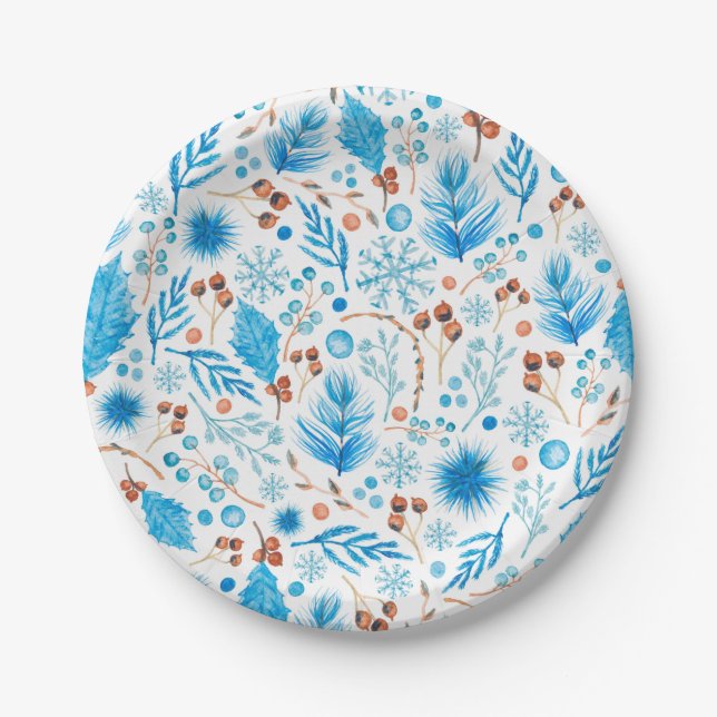 Prato De Papel Folhas de Aquarela Moderna e Berries (Frente)