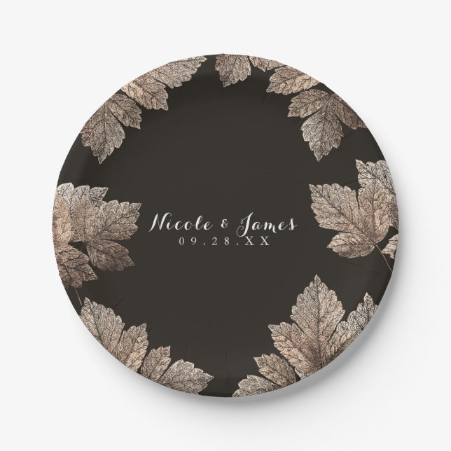 Prato De Papel Folhas de Bronze e Marrom Escuro Outono Custom Rús (Frente)