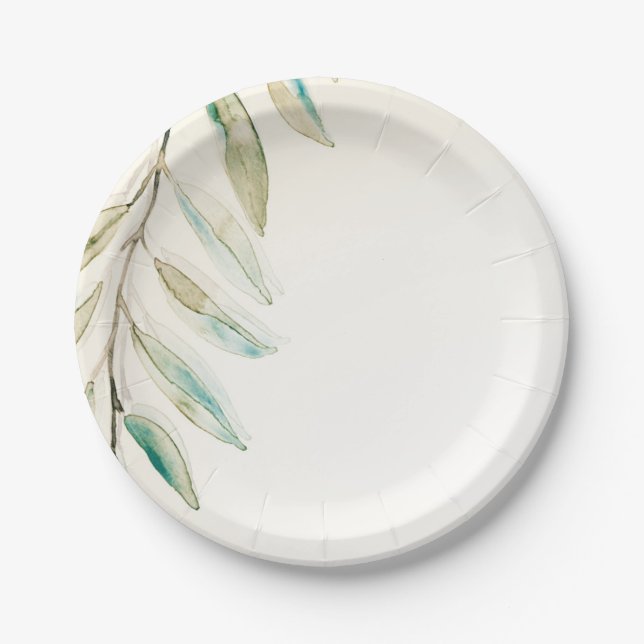 Prato De Papel Folhas de Eucalipto Casamento Greenery Moderno Vin (Frente)